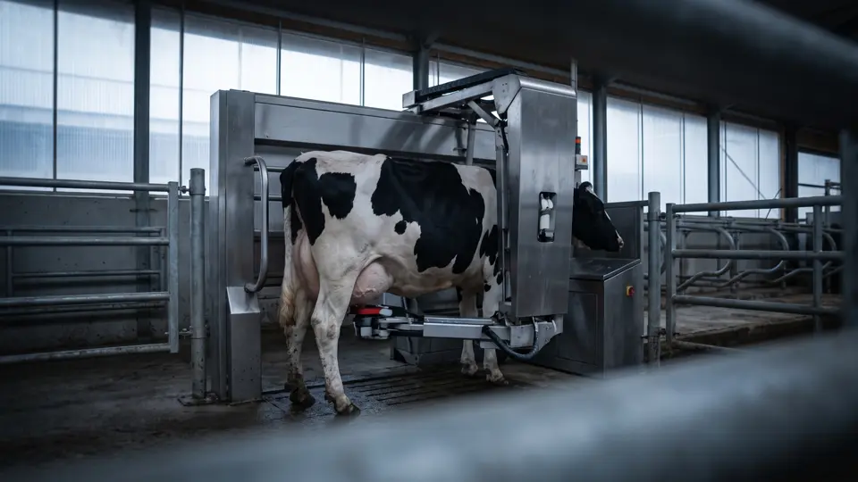 A dairy cow inside an automatic robotic milking stall