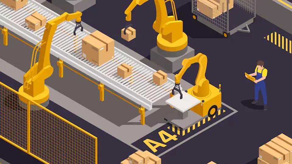 Illustration of yellow robot arms sorting parcels on a warehouse conveyor