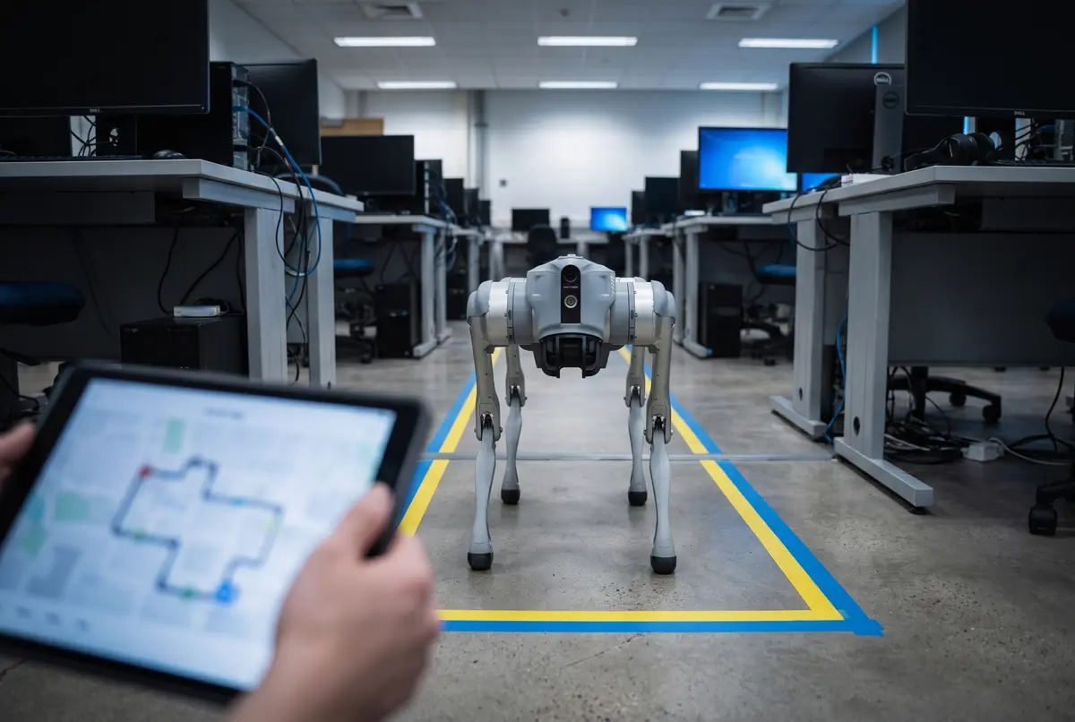 The Go2 at the end of a taped route on the lab floor beside a hand holding a tablet