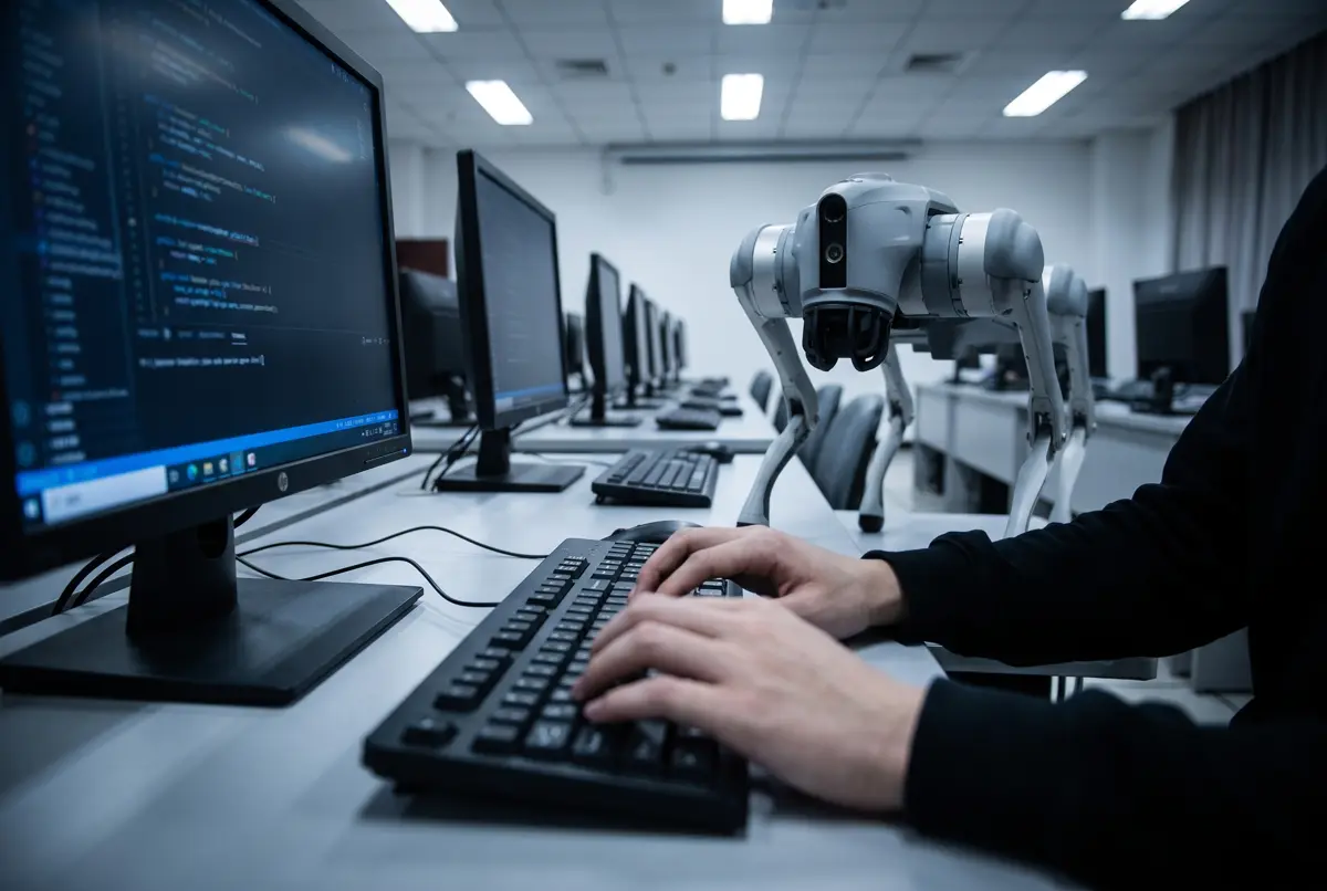 Hands typing at a lab workstation with the Go2 standing beside the desk