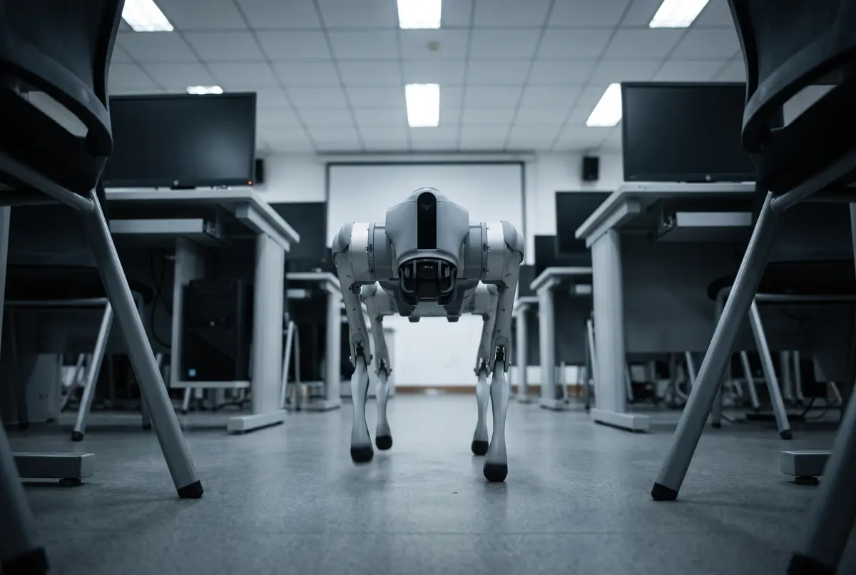 The Go2 walking down a computer lab aisle mid-stride