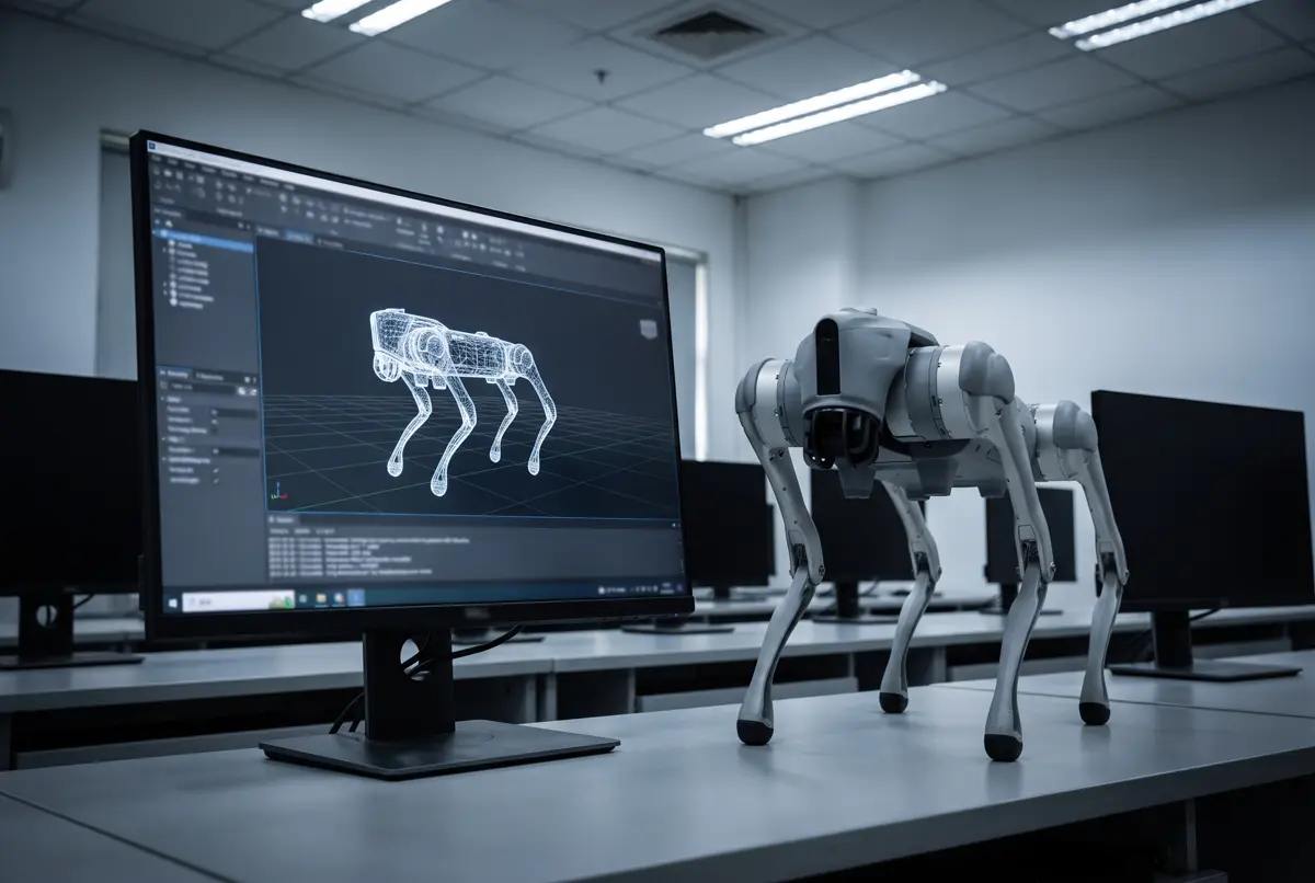 A monitor showing a wireframe simulation of a quadruped robot beside the real Go2