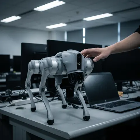 A hand resting on a Unitree Go2 standing on a lab desk beside a laptop