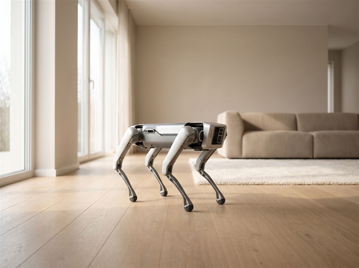 Quadruped robot walking across the wooden floor of a bright living room